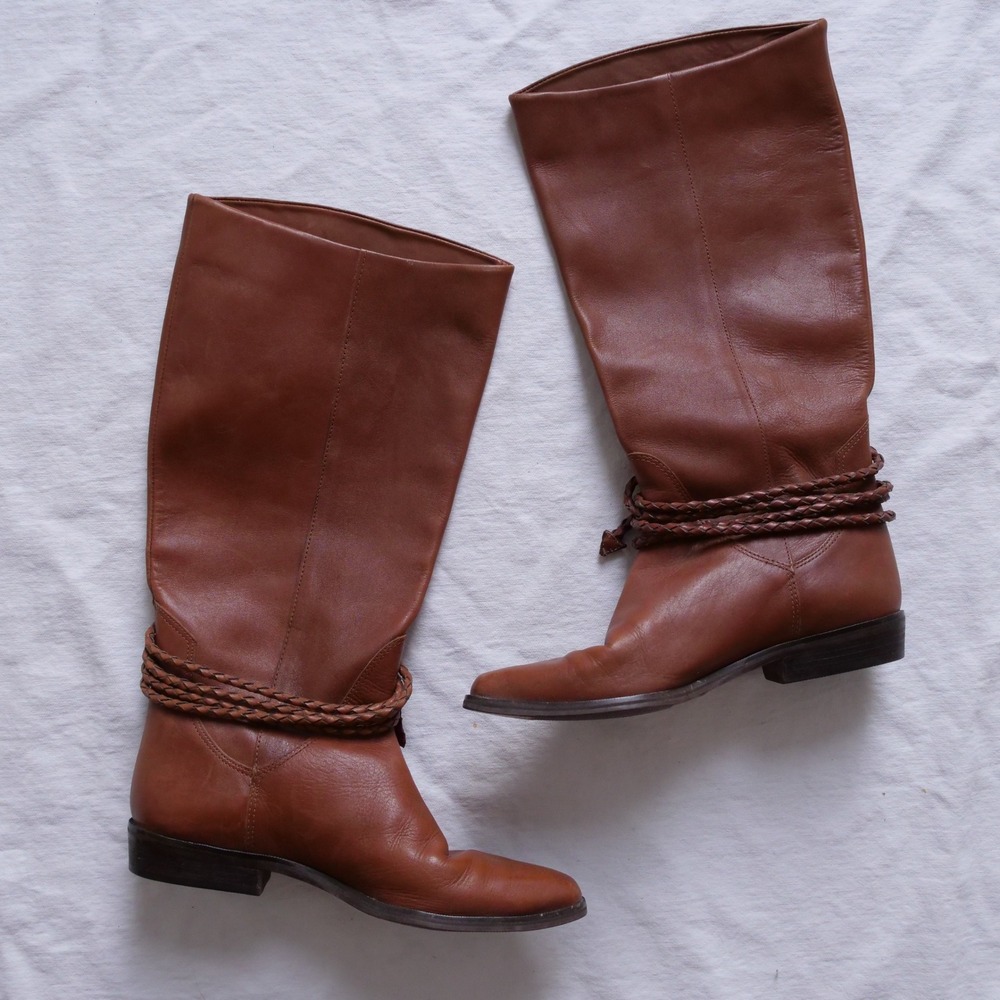 80s peanut butter brown leather mid calf boho boots - Picture 3 of 9